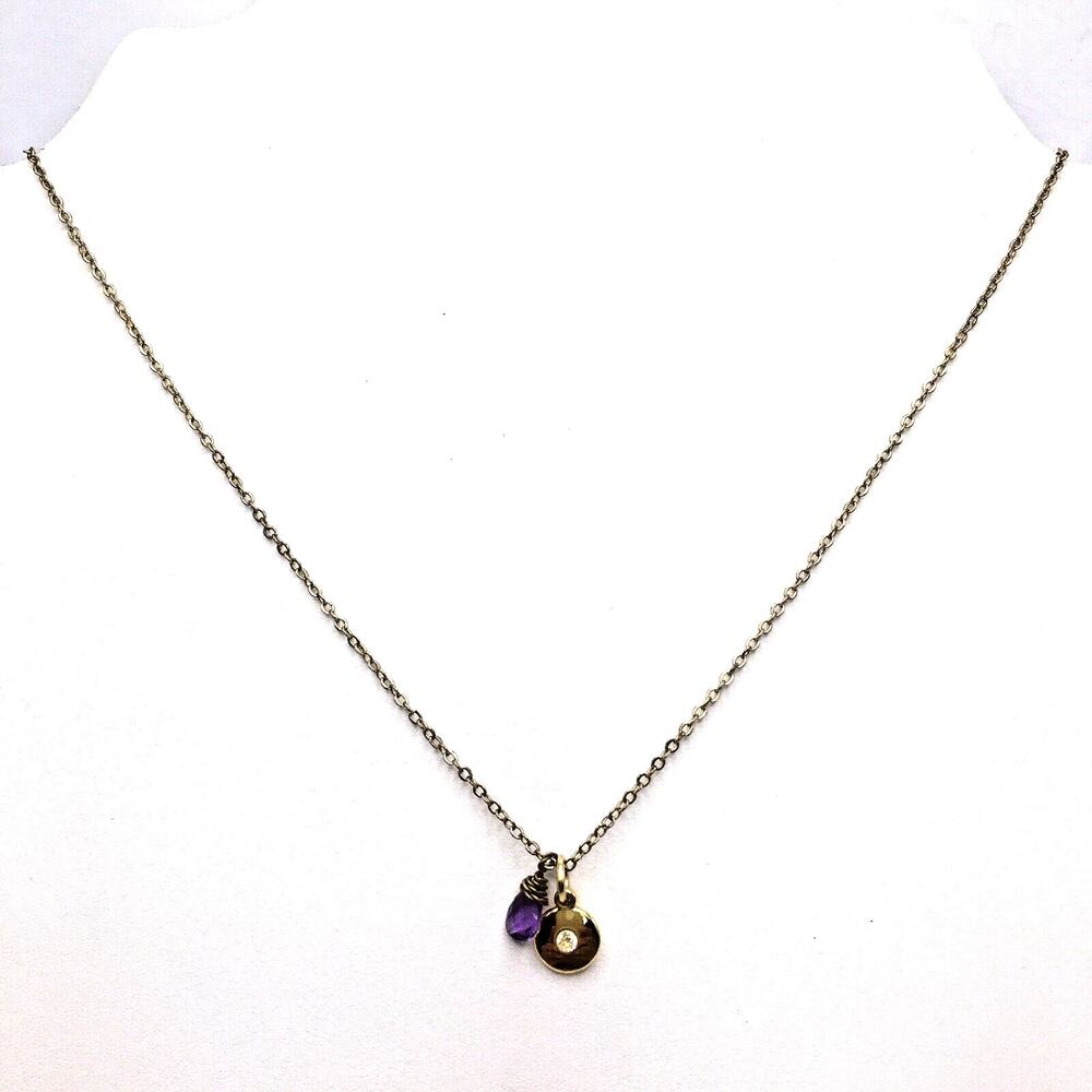 Vintage Signed LA Gold Tone Rhinestone Amethyst Glass Crystal Pendant Necklace